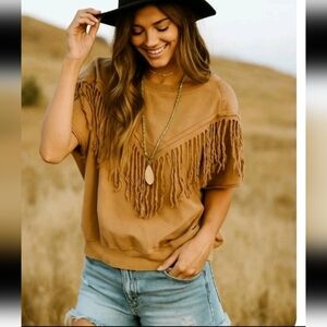 Chelsea DeBoer By Lily & Lottie Womens Tan Bristol Boho Western Fringe Top M
